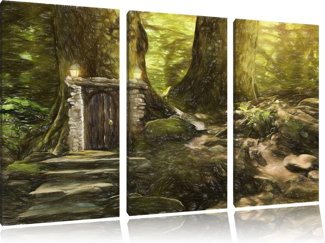 Pixxprint Geheimes Tor im Wald / 3-Teilig/Gesamtmass 120cm Leinwandbild bespannt auf Holzrahmen/Wand