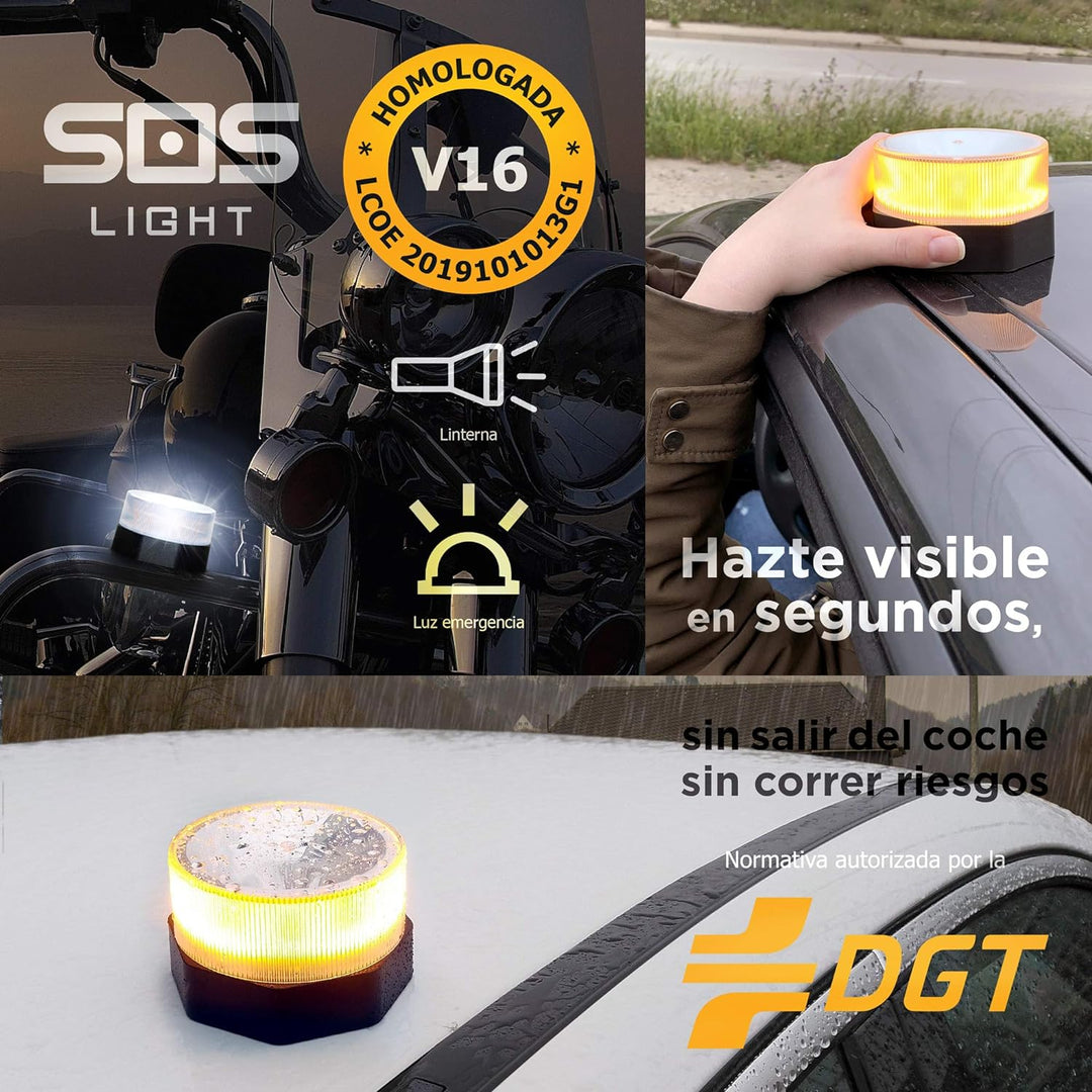SOS LIGHT - LUZ DE EMERGENCIA AUTÓNOMA, SEÑAL V16 DE PRESEÑALIZACIÓN DE PELIGRO, HOMOLOGADA DGT V16