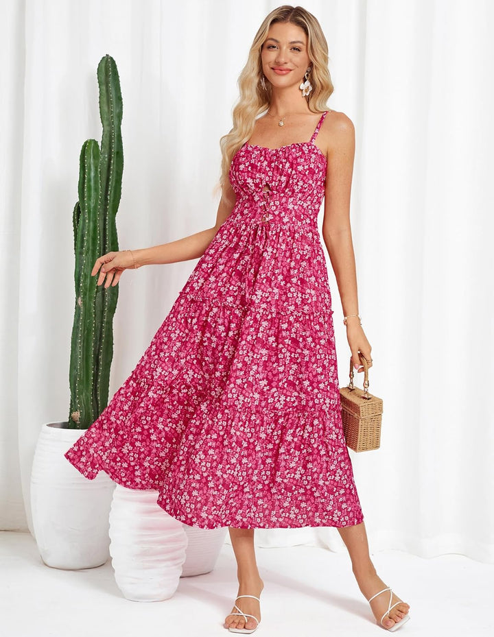 GRACE KARIN Damen Sommerkleid A-Linie Blumenkleid Casual Strandkleid Trägerkleid Midi Boho Kleid Fre