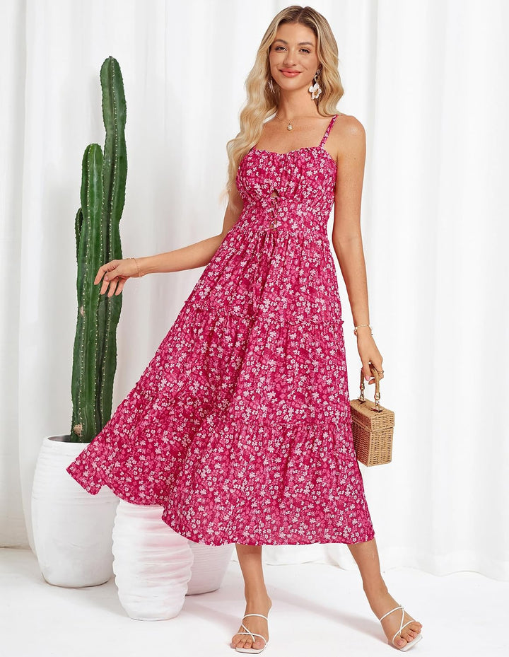 GRACE KARIN Damen Sommerkleid A-Linie Blumenkleid Casual Strandkleid Trägerkleid Midi Boho Kleid Fre