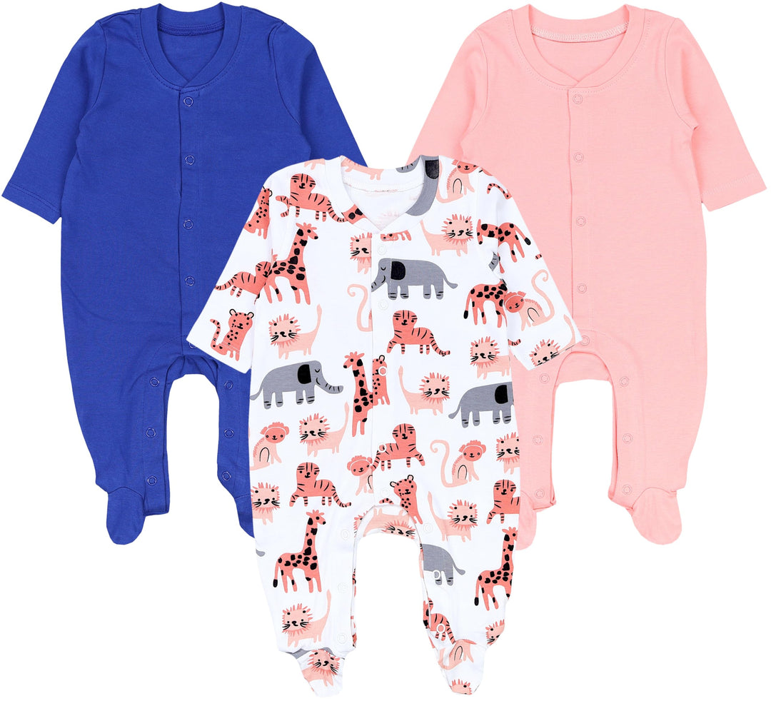 TupTam Baby Mädchen Schlafstrampler mit Fuss 3er Pack 50 Marineblau Rosa Weiss Safaritiere, 50 Marin