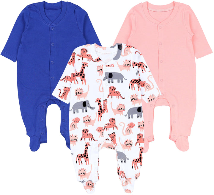 TupTam Baby Mädchen Schlafstrampler mit Fuss 3er Pack 50 Marineblau Rosa Weiss Safaritiere, 50 Marin