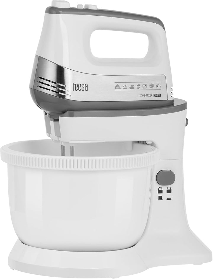 Teesa Handmixer mit Drehschale Leistung 500W TSA3548 5 Stufen Drehzahlregelung Turbo-Funktion, Weiss
