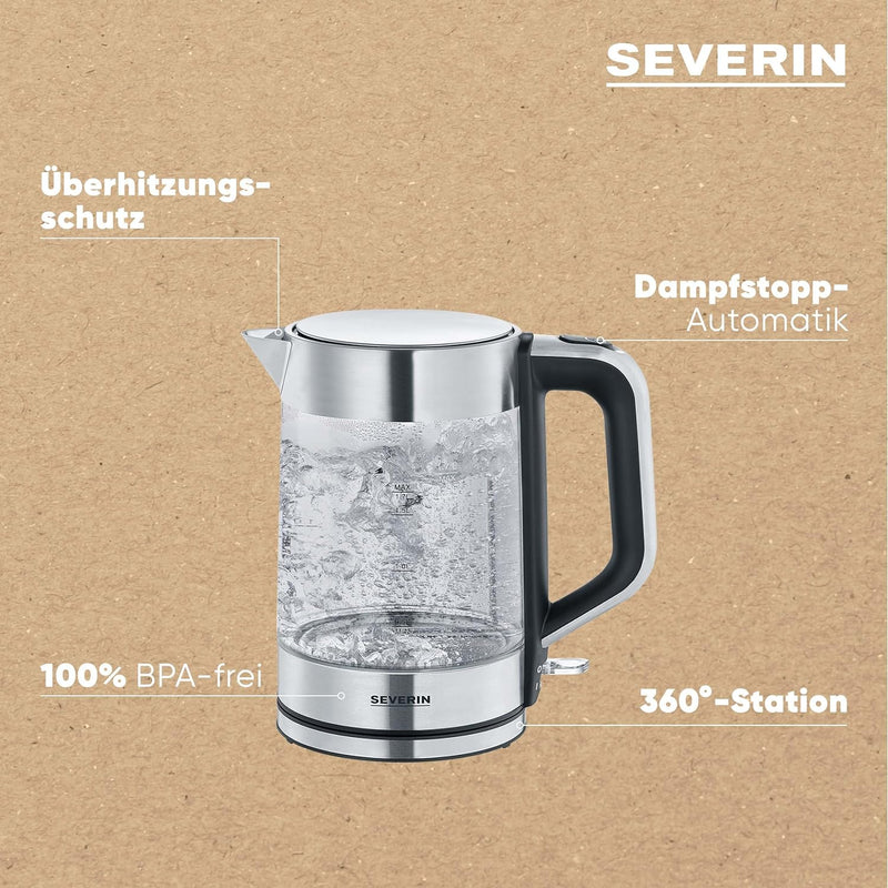 SEVERIN 3420-000 WK 3420 Wasserkocher, 2200, 1.7 liters, Glas-Edelstahl-gebürstet/schwarz