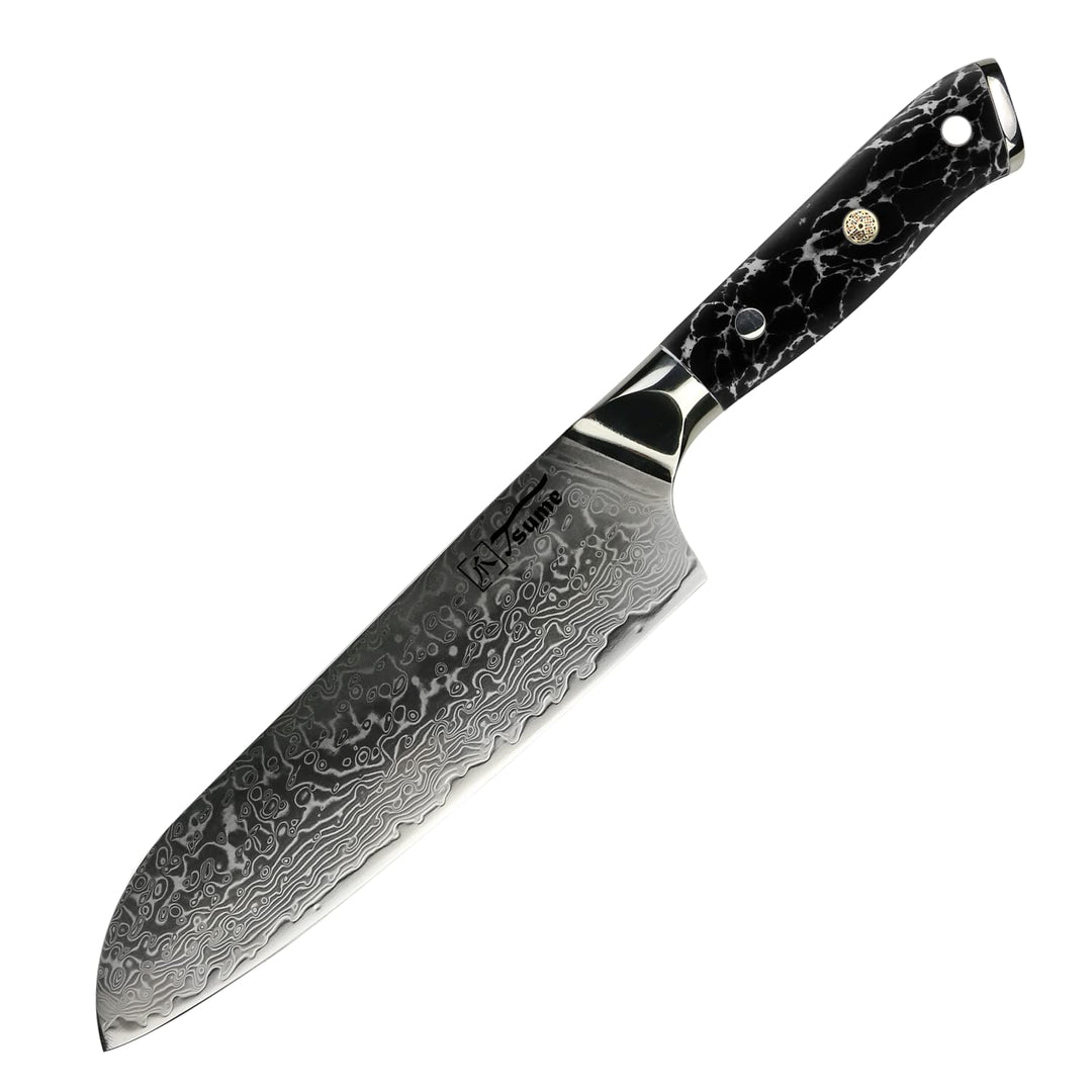 Tsume Santoku Messer Black Marble, Klingenlänge 22cm, Echtes Damast Küchenmesser, 67 Schichten VG10