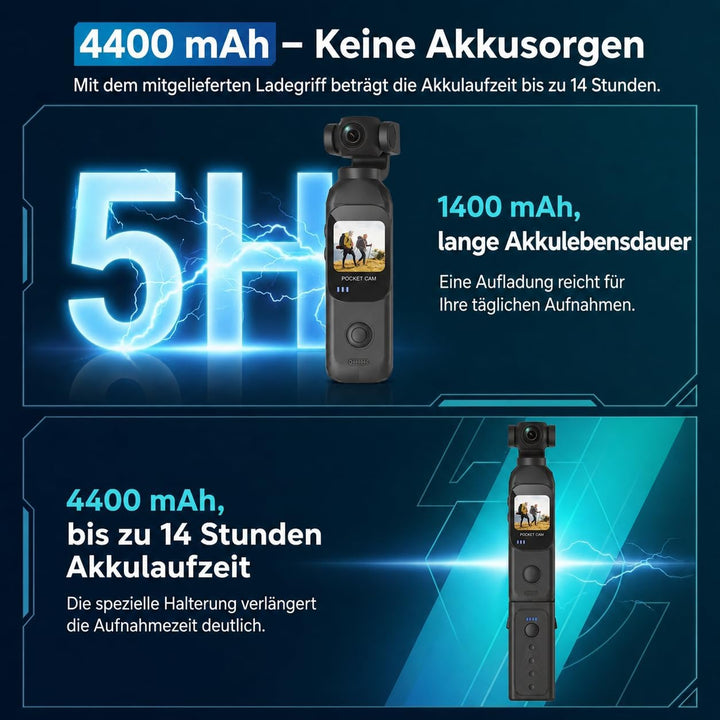 Vlog-Kamera mit 130° & 270° drehbarem Objektiv. Der mitgelieferte Ladegriff ermöglicht bis 14Std. Ak