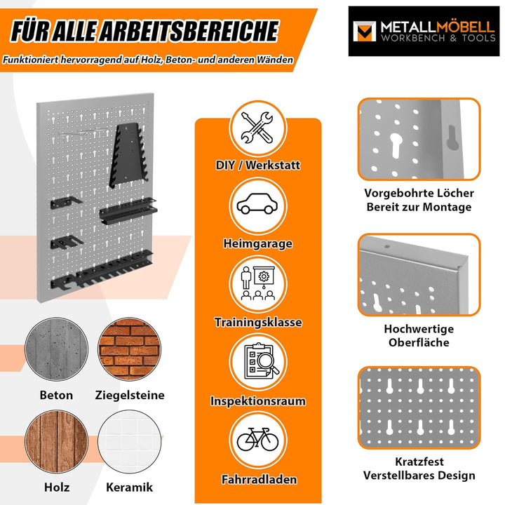 METALLMOBELL - Werkzeugwand Metall Lochwand, 160x60x2 cm, 4 Lochplatten 40x60x2 cm, Haken und Halter