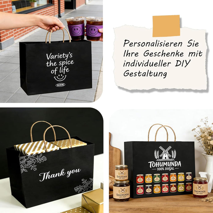 Weifeng 20 Stück Papiertüten Gross 30x12x23cm, Schwarz Papiertragetasche Kraftpapiertüten mit Henkel