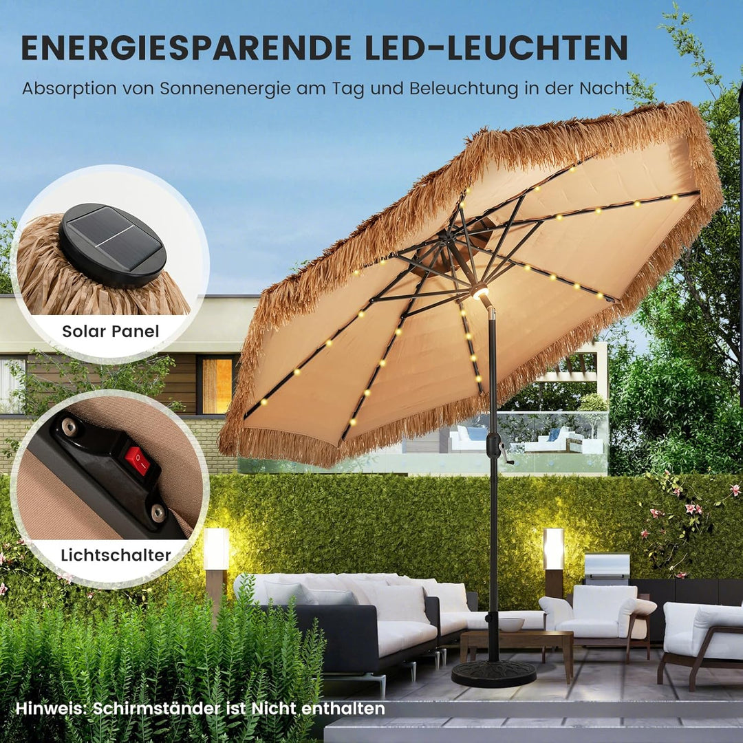 GOPLUS Sonnenschirm Hawaii, Ø 300 cm Strohschirm um 30° knickbar, Sonnenschirm Stroh mit LED Solar B