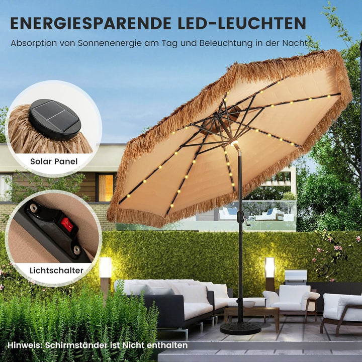 GOPLUS Sonnenschirm Hawaii, Ø 300 cm Strohschirm um 30° knickbar, Sonnenschirm Stroh mit LED Solar B