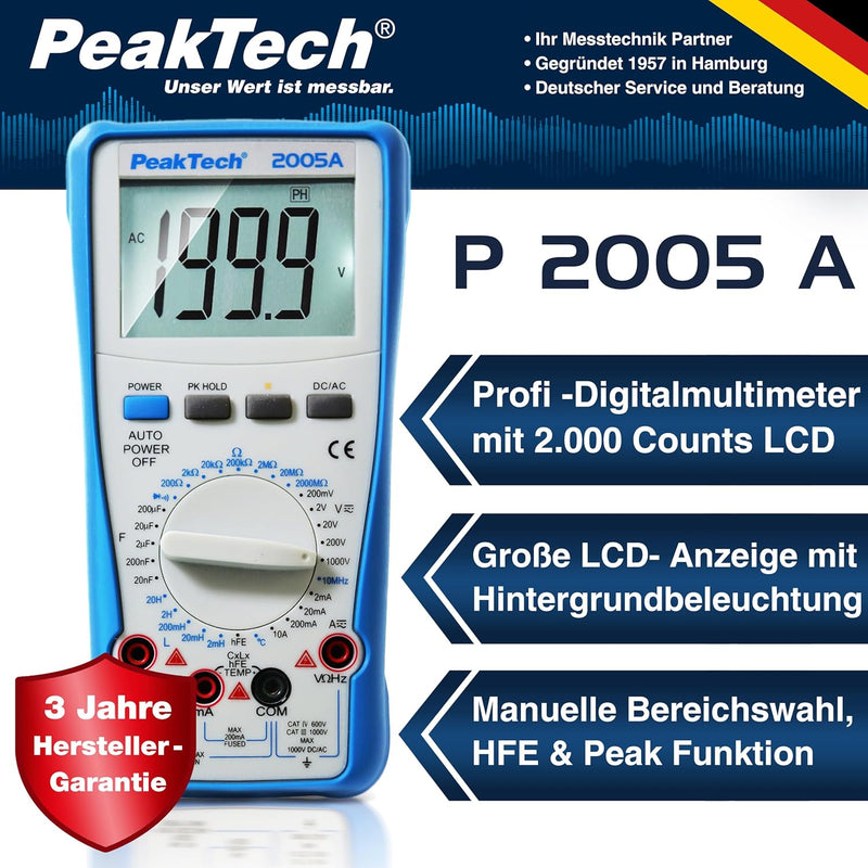 PeakTech 2005 A – Digital Multimeter mit 2.000 Counts, Digitales Messgerät für Spannungs - & Stromme