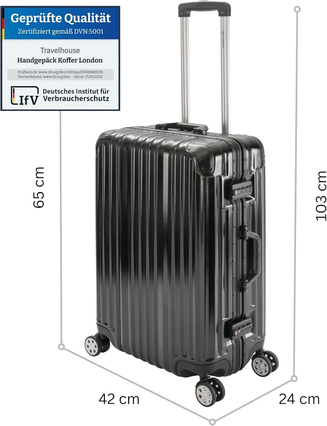 Travelhouse London Koffer Schwarz M-65cm · Alu-Rahmen · Polykarbonat Hartschale · Trolley Reisekoffe