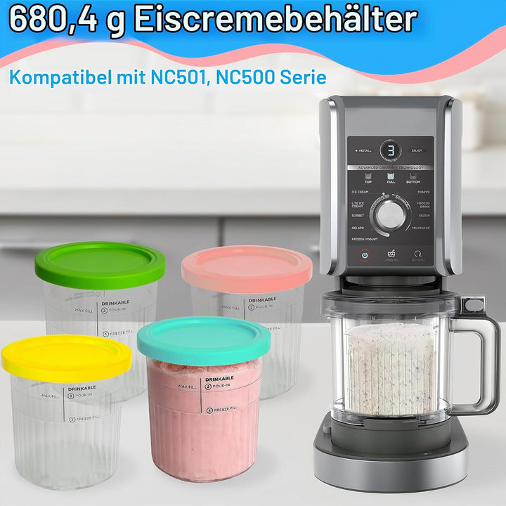 4er Set Eismaschine Zubehör Behälter mit Deckel 680ml BPA Frei Spülmaschinenfest Kompatibel mit NC50