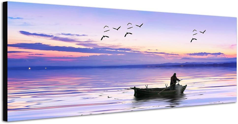 Paul Sinus Art Panoramabild auf Leinwand und Keilrahmen 150x50cm Meer Fischerboot Fischer Möwen Morg