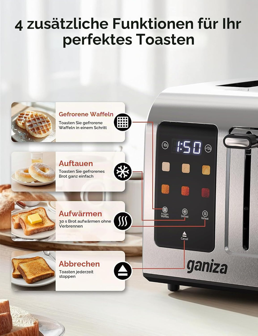 Ganiza Smart Toaster 2 Scheiben, Toaster Edelstahl mit Touchscreen, digitaler Timer, 6 Bräunungsstuf