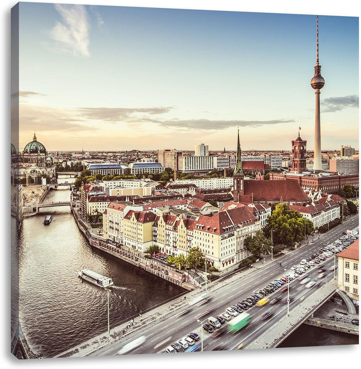 Skyline von Berlin, Format: 70x70 auf Leinwand, XXL riesige Bilder fertig gerahmt mit Keilrahmen, Ku
