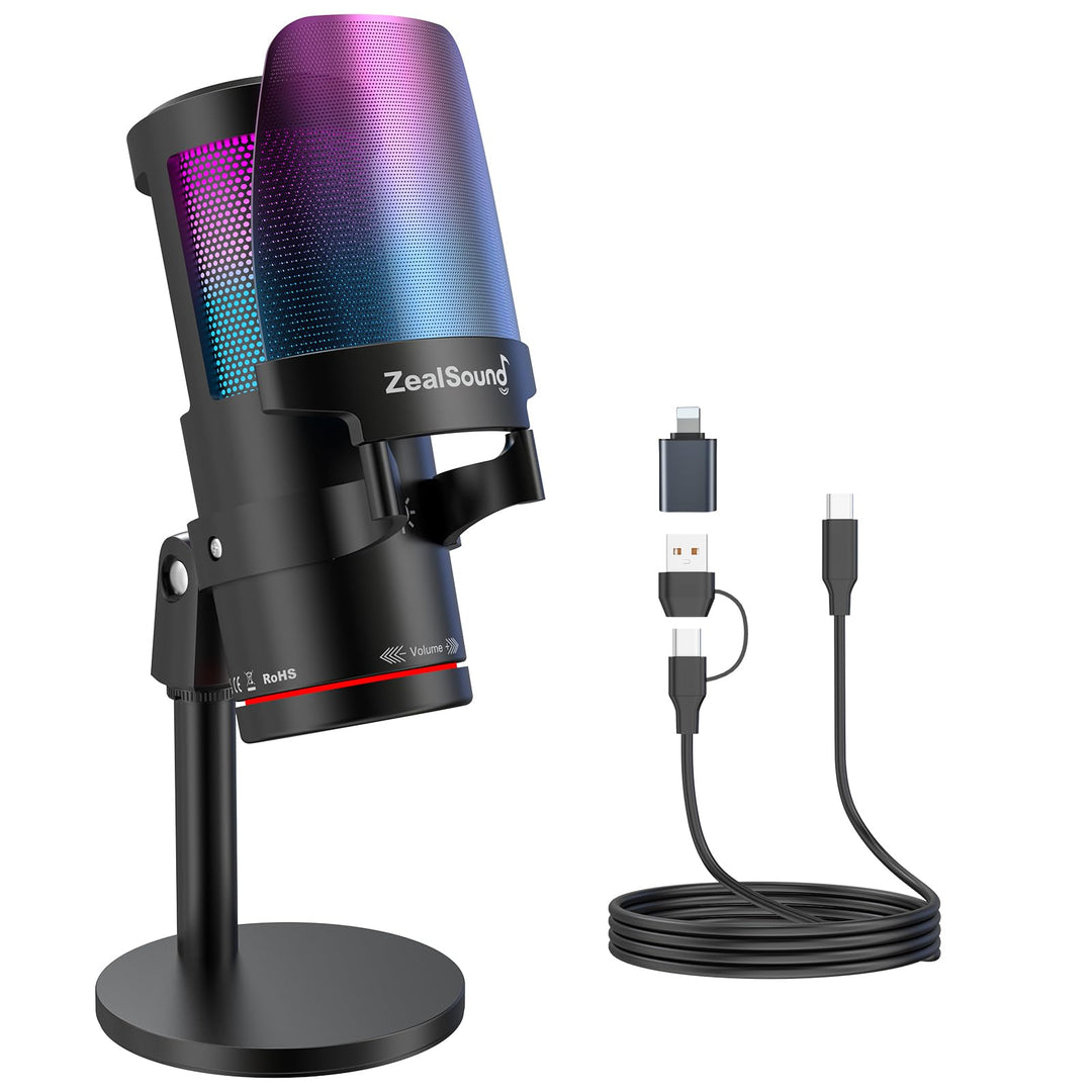 ZealSound Gaming Mikrofon PC, RGB Tischmikrofon mit USB-C &Lightning Adapter,Touch-Stummschaltung, G