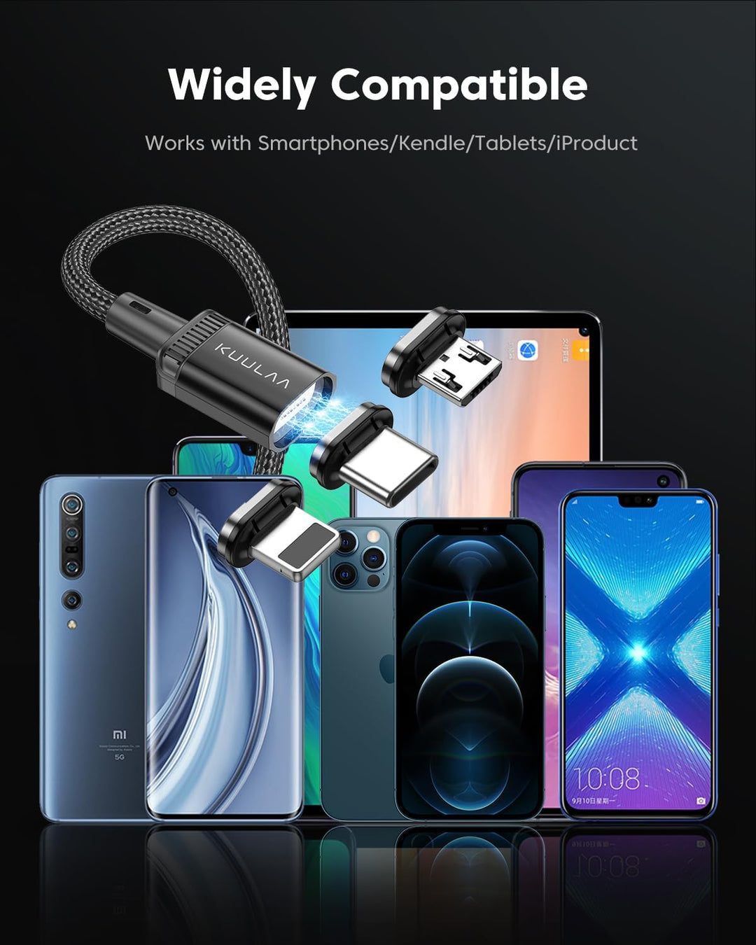Kuulaa Magnetisches USB Ladekabel, Schnelles Laden/Datenübertragung mit 3-in-1-Ladespitzen, USB Kabe