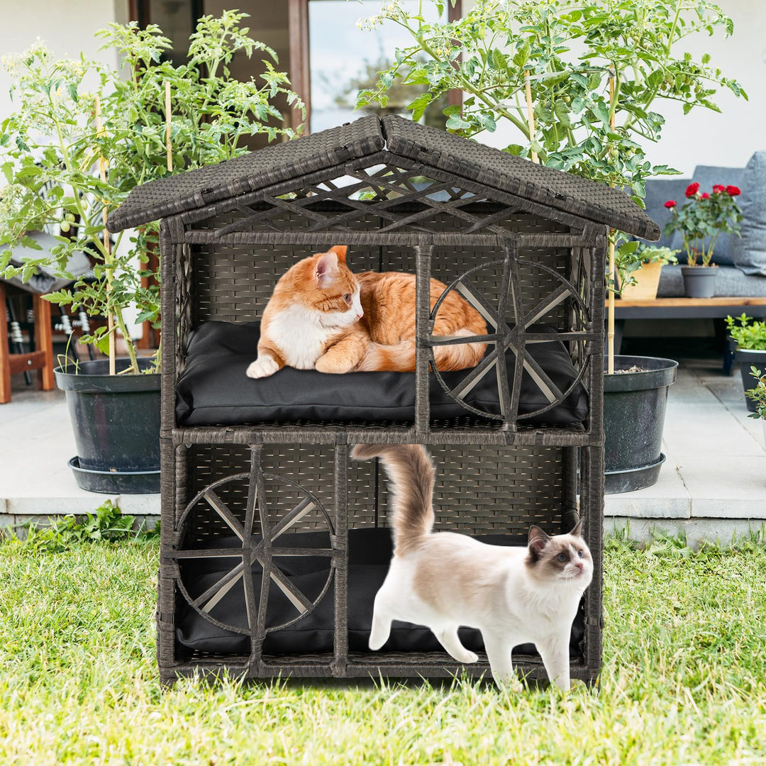 COSTWAY Katzenhaus Rattan, Katzenhütte Outdoor, mit Asphaltdach, abnehmbaren Kissens, Fenstern, Hund