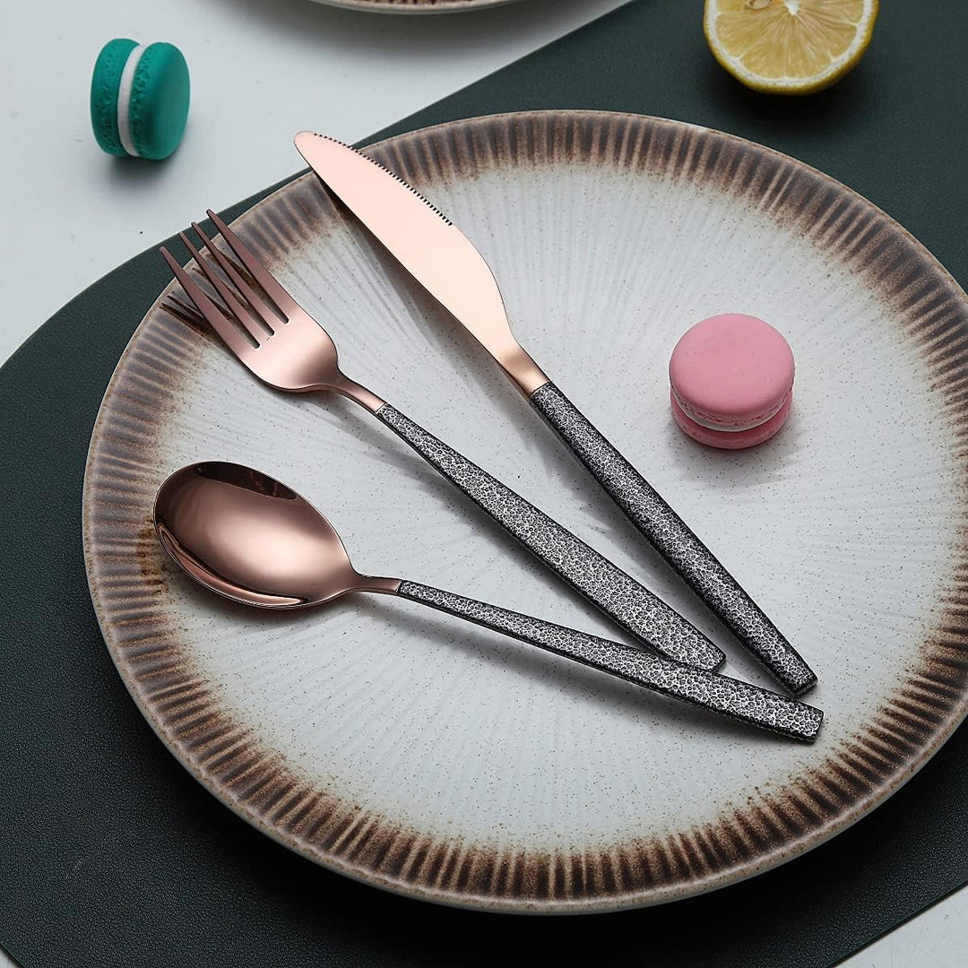 Besteck Set 24 Stück Roségold Kopfbeschichtung mit Schwarzem Marsgriff, Edelstahl Kupfer Titanbeschi