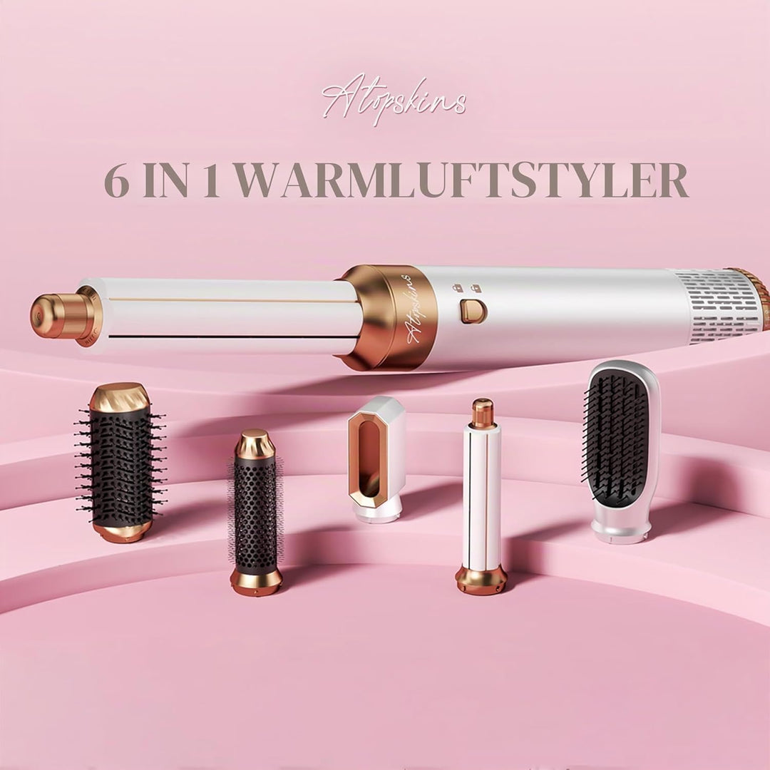 Atopskins Airbrush Haarstyler 6 in 1 Hair Styler Air Styler set mit 1000W Rundbürste, Warmluftbürste