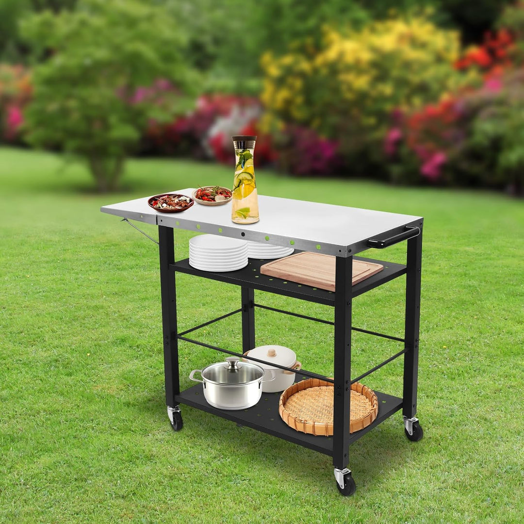 Grillwagen Tisch, 119.7 * 53 * 81cm Edelstahl Outdoor Grill Trolley mit 4 Gestuftes Regal und U-förm