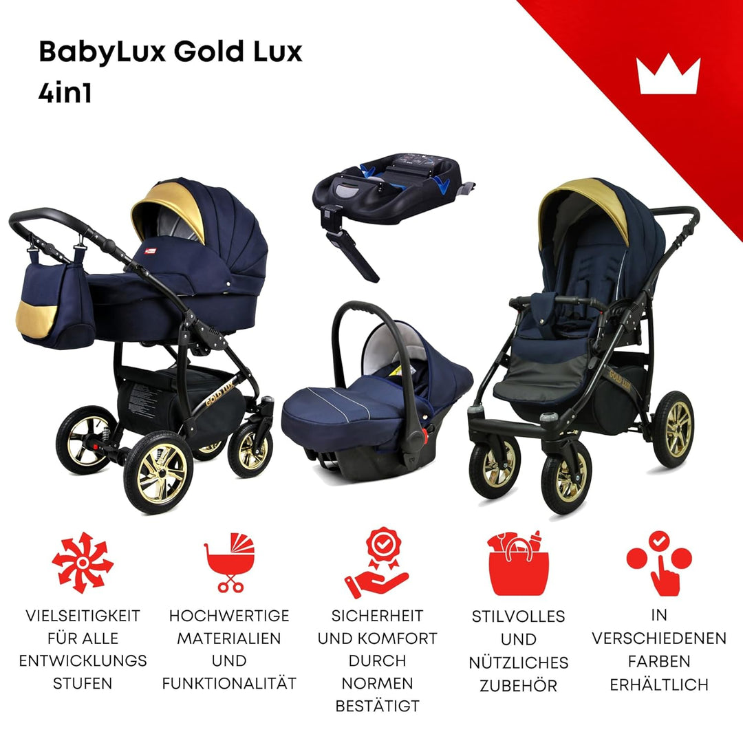 BabyLux® Kinderwagen Set 4 in 1 - Gold Lux - incl. Babywanne, Buggy Sportsitz, Auto-Babyschale, ISOF