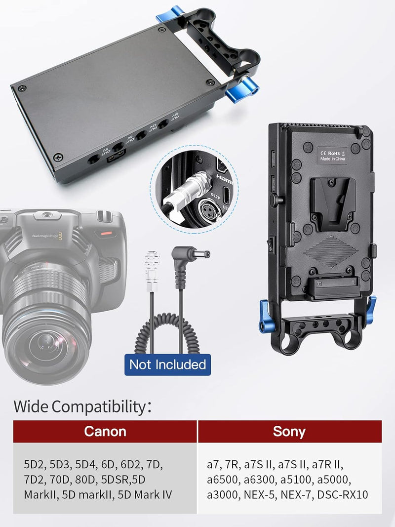 Moman V-Mount Battery Plate VLock Adapterplatte, Netzteil-Splitter mit 15 mm Stangenklemme für BMPCC