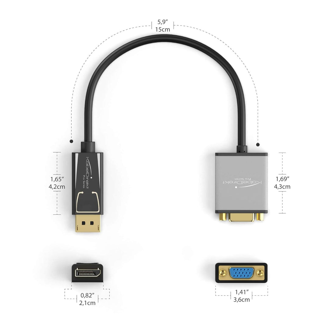 KabelDirekt – DisplayPort DP auf VGA Adapter – 0,15m (maximale Auflösung 1920 x 1200/60Hz, geeignet
