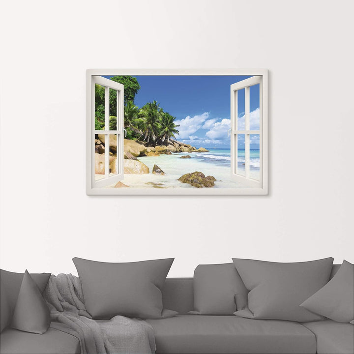 ARTland Leinwandbilder Wandbild Bild Leinwand 100x70 cm Querformat Fensterblick Strand Karibik Meer