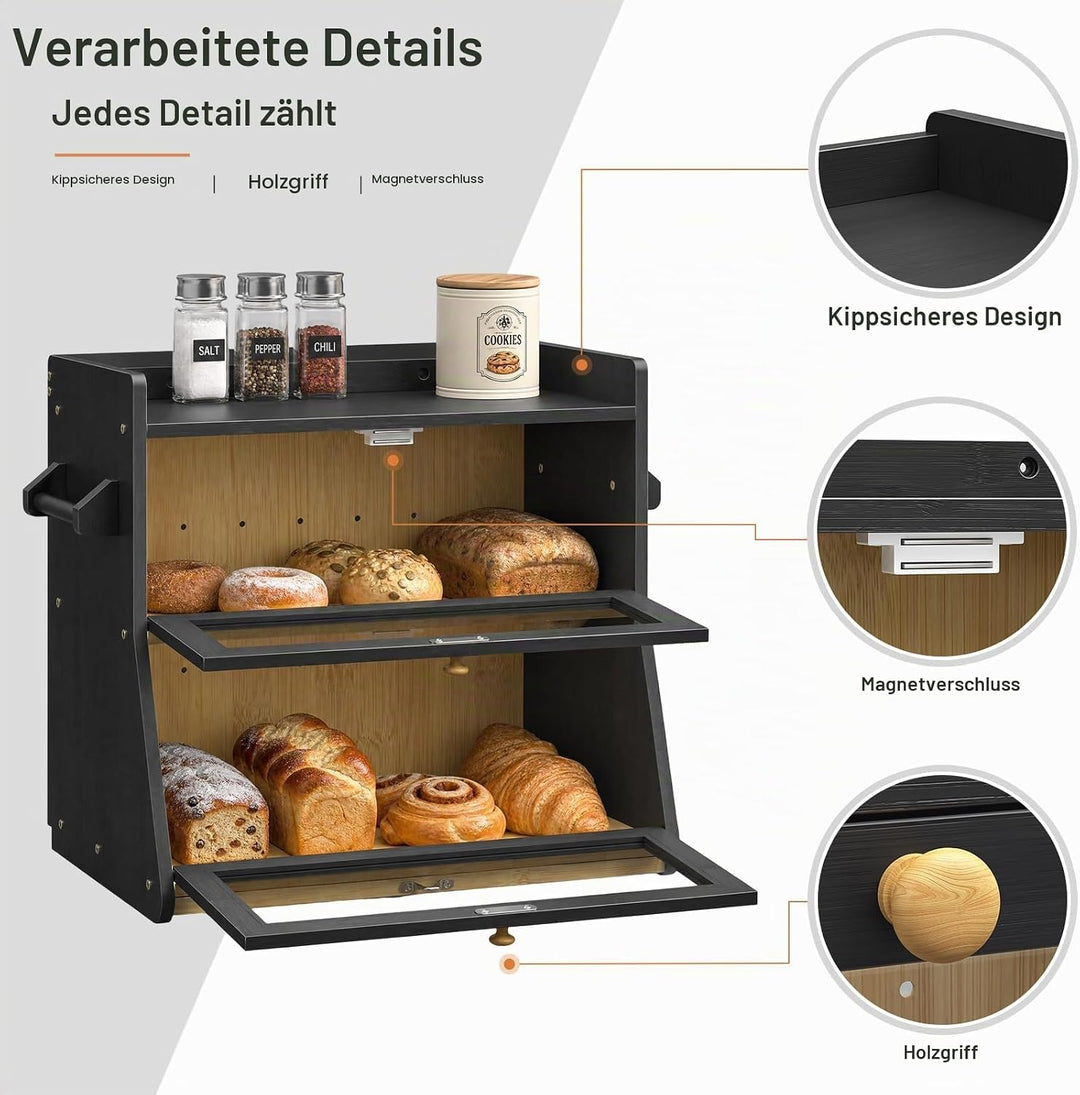 Bambus Brotkasten 2 Etagen Schwarz Brotkorb Holz Natürlich, Schwarz