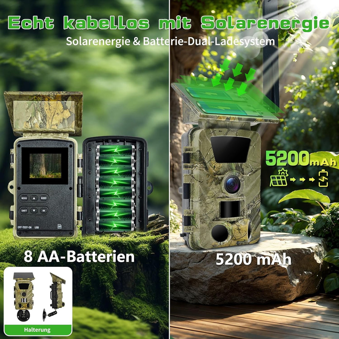 Wildkamera 4G-LTE mit Handyübertragung App, Wildkamera Solar mit Akku 5200mAh Wildtierkamera mit Bew