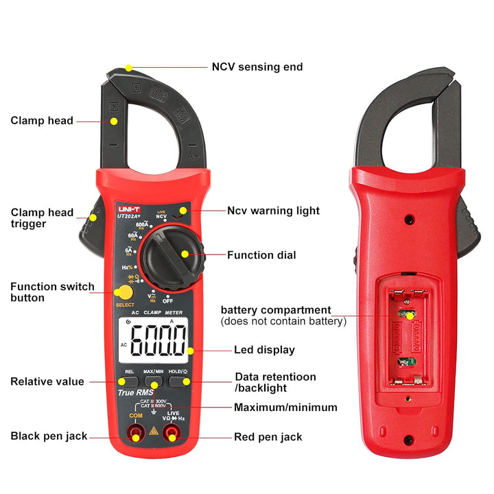 UNI-T UT202A+ Digital clamp meter 6000 Counts Auto Range True RMS Backlight NCV Multimeter, UT202A+