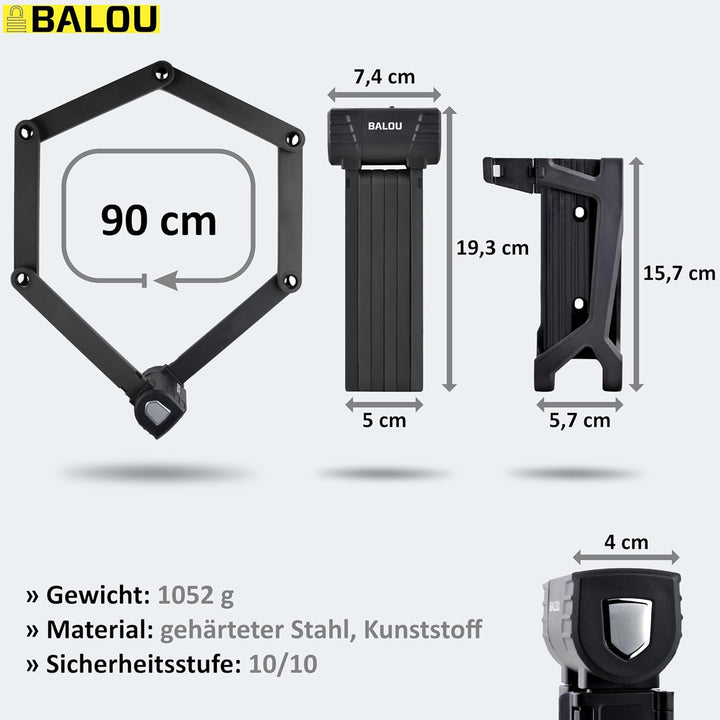 Faltschloss Fahrrad mit Halterung - Fahrradschloss 90cm lang mit 6 Stahlsegmenten eBike Schloss - Kl