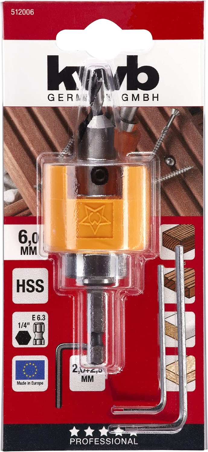 kwb Hartholzbohrer Ø 6 mm aus HSS-M2 mit Senker, verstellbarem Tiefenstopp und 1/4" Sechskantschaft