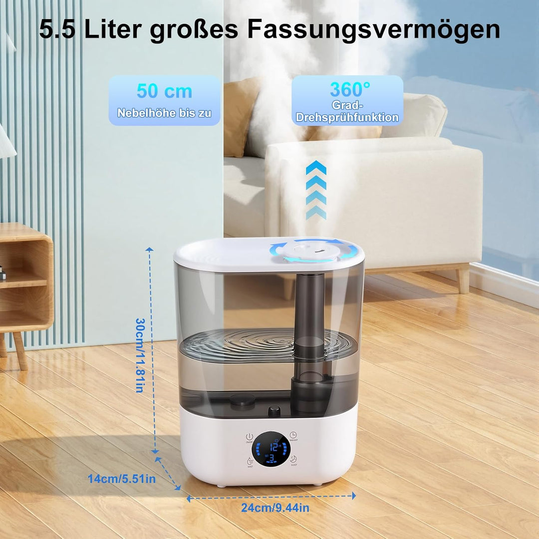 GuKKK Luftbefeuchter, Luftbefeuchter Schlafzimmer Top-Fill, Raumluftbefeuchter, Diffuser, 5.5L 360°