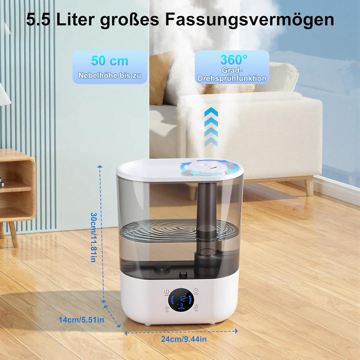 GuKKK Luftbefeuchter, Luftbefeuchter Schlafzimmer Top-Fill, Raumluftbefeuchter, Diffuser, 5.5L 360°