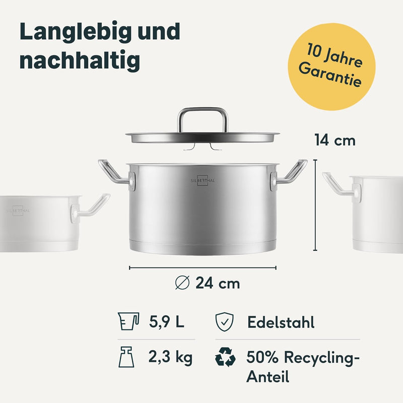 SILBERTHAL Kochtopf Induktion 24 cm - Edelstahl - 5,8L - Topf mit Deckel zum Einhängen - Für alle He