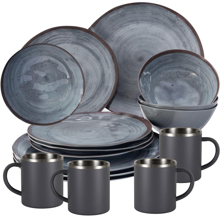 Melamin Geschirr Set Grau mit Edelstahl Thermo Tassen doppelwandig - Tonoptik Essgeschirr - Campingg