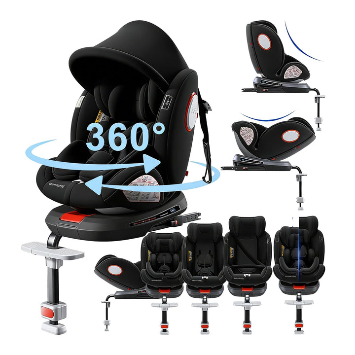 360° Drehbarer Autositz, Liegeautositz mit Verstellbarer Kopfstütze (Black-Upgraded Version) Black-U