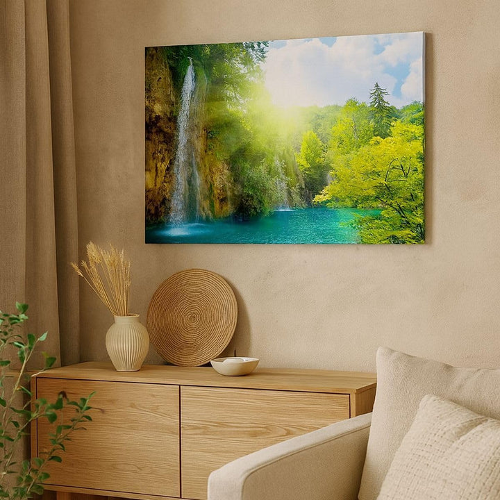 Bilder auf Leinwand 100x70cm Leinwandbild Wasserfall Forrest Himmel Gross Wanddeko Bild Schlafzimmer