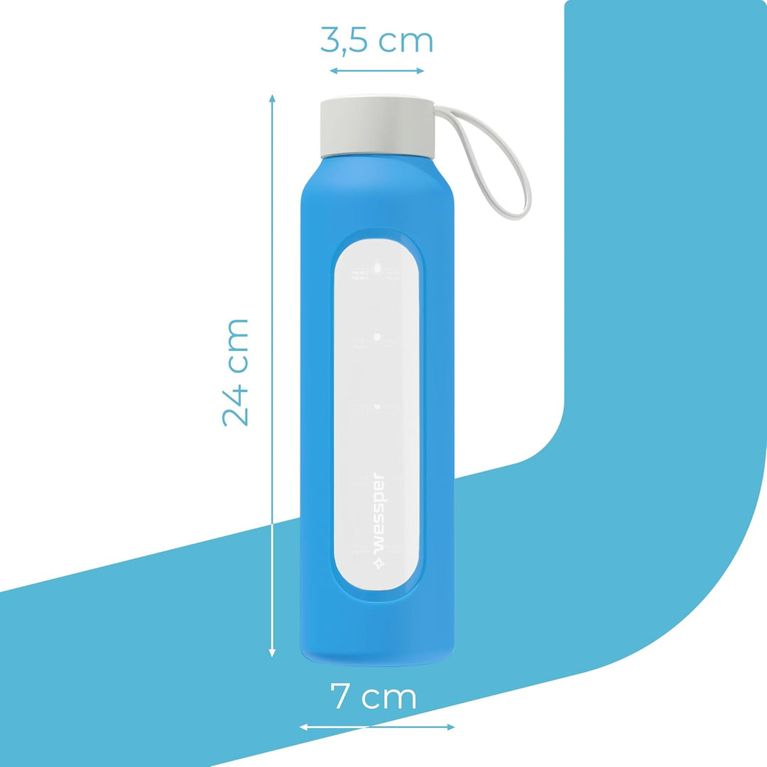 Wessper Trinkflasche Glas 500 ml, Motivations wasser glasflasche mit Hydrationsskala, borosilikatgla