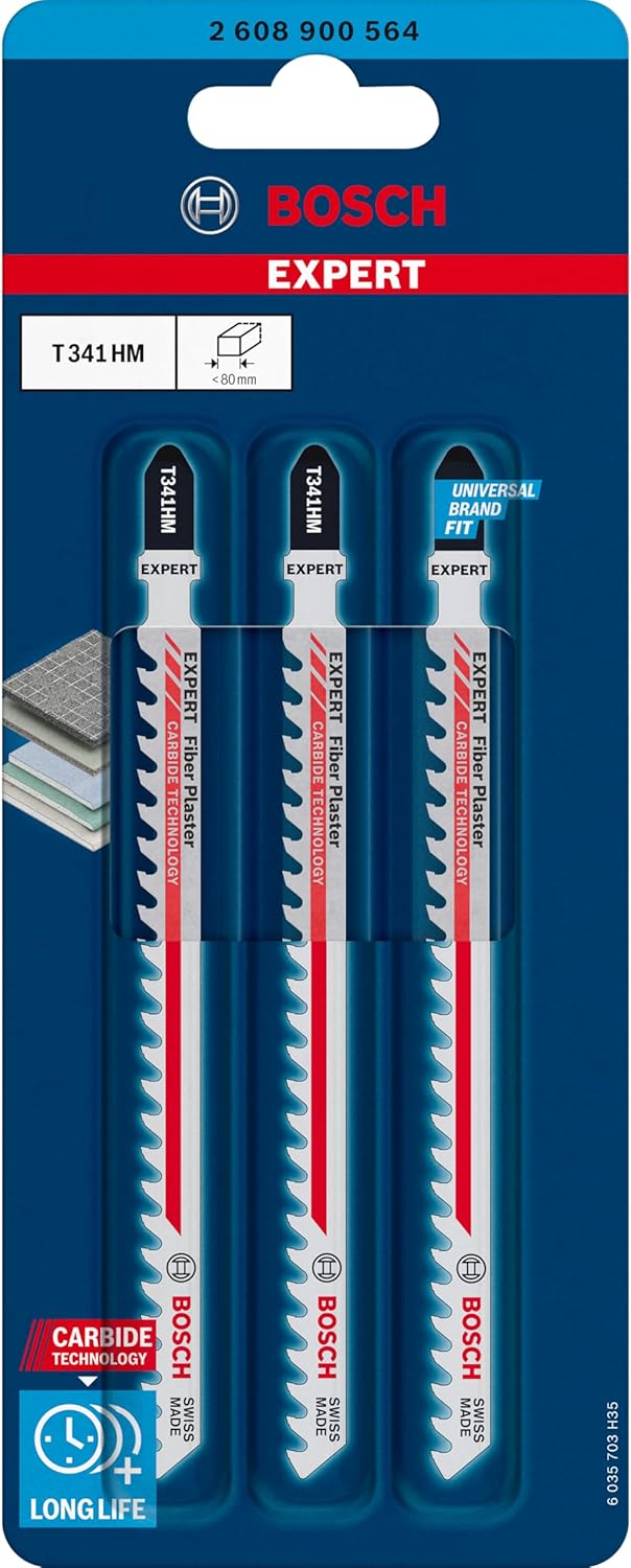 Bosch Accessories 3x Expert ‘Fiber Plaster’ T 341 HM Stichsägeblatt (für Faserzementplatten, Länge 1