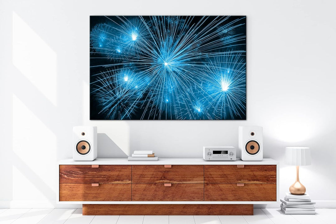 deyoli atemberaubendes Feuerwerk Format 80x60 Effekt: Monocrome Blau als Leinwandbild, Motiv fertig