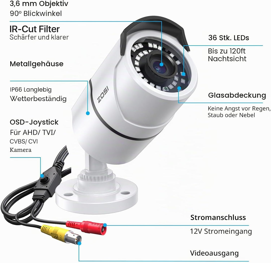 ZOSI 1080P 2MP Bullet Kamera Überwachungskamera 3.6mm Linse,Wetterfest, 36M Nachtsicht, IP66 Metallg