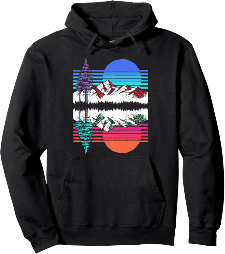Mountain & Trees Reflection Vintage 80's Vapor Wave Outdoor Pullover Hoodie