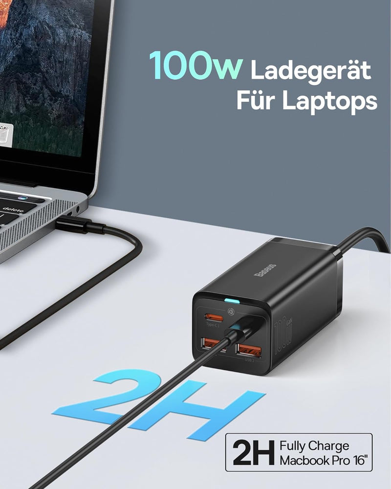 Baseus Ladegerät 100W, 4 Ports PD PPS Netzteil Schnellladegerät mit GaN, Desktop Ladeadapter für Mac