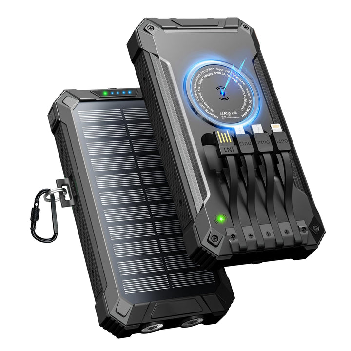 Solar Powerbank 26800mAh mit integrierten 4 Kabeln, Wireless Power Bank USB-C Ausgang/Eingang 15W Sc