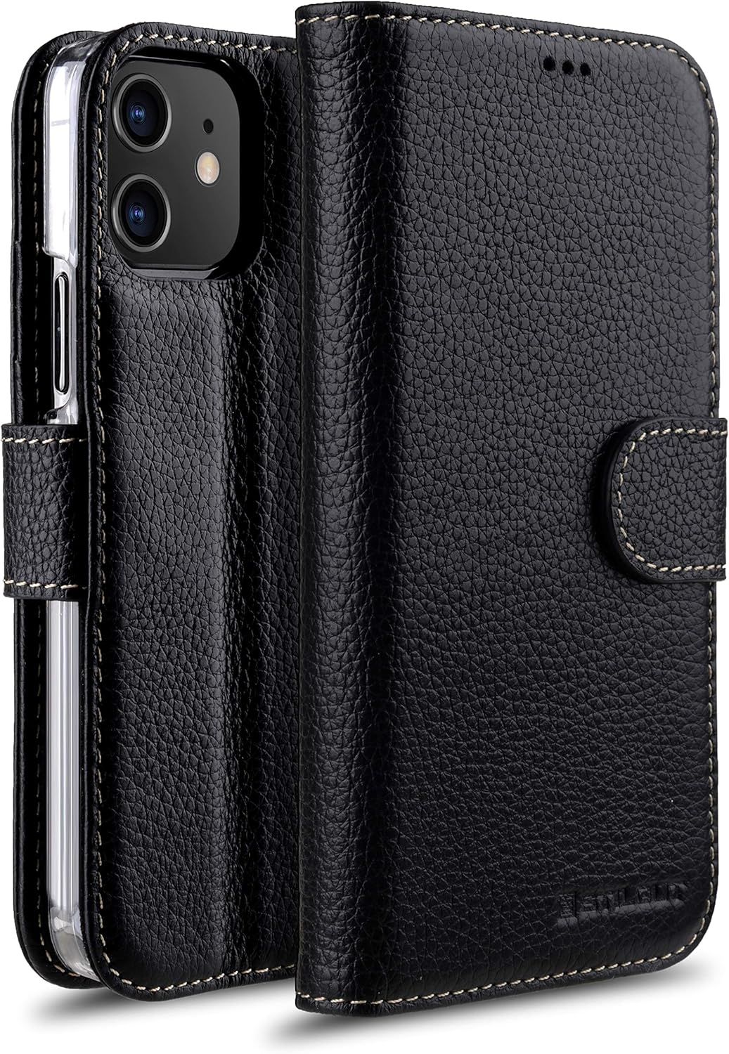 STILGUT Talis kompatibel mit iPhone 12/12 Pro (6.1“) Hülle mit Kartenfach aus Leder, Flip Cover, Wal