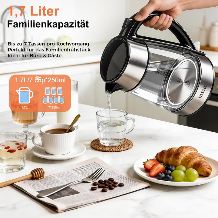 YASHE Wasserkocher Glas 1,7L 2200W Schnellkochend Mit LED-Licht | Edelstahlboden, Kalkfilter, Abscha